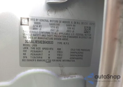 2012 Chevrolet Captiva Sport Lt из США, поврежденный, VIN 3GNAL3E50CS643633